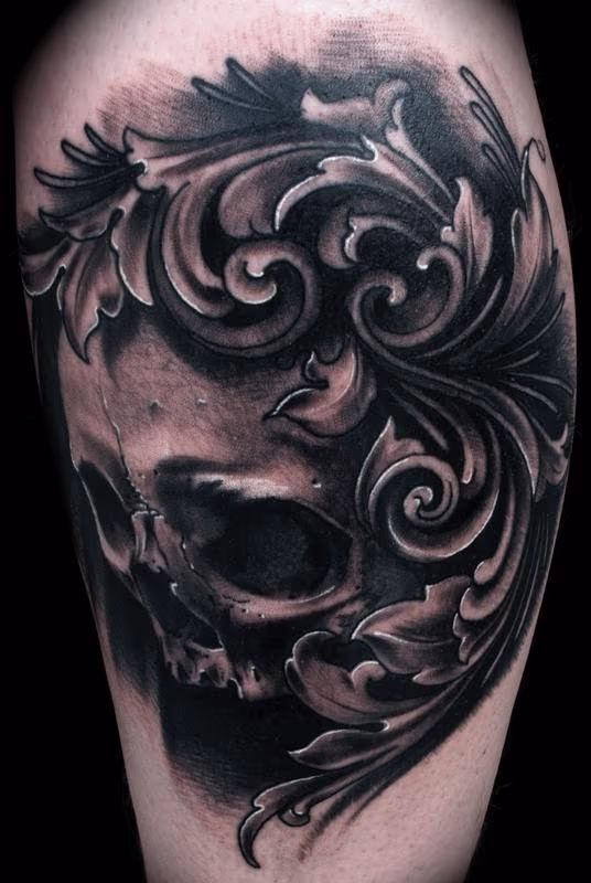 Skull and Filigree Black and Grey Tattoo Brent Olson Art Junkies Tattoo