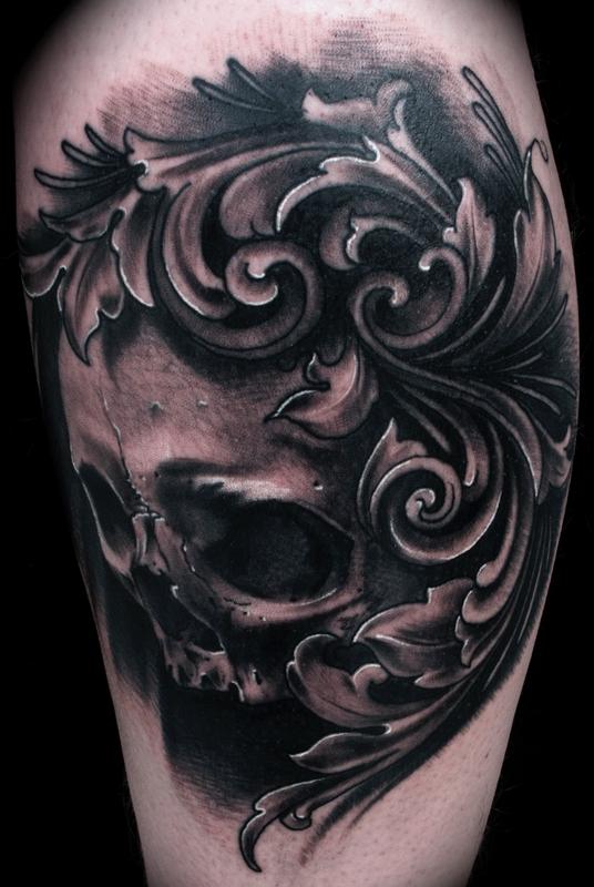 Skull and Filigree Black and Grey Tattoo Brent Olson Art Junkies Tattoo