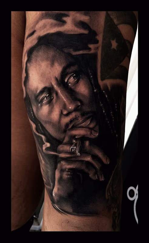 Bob Marley Black and Grey Portrait Brent Olson Art Junkies Tattoo