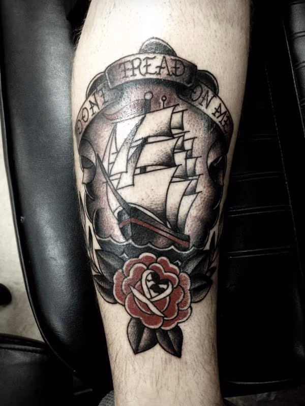 Traditional color ship with rose tattoo, Frichard Adams Art Junkies Tattoo