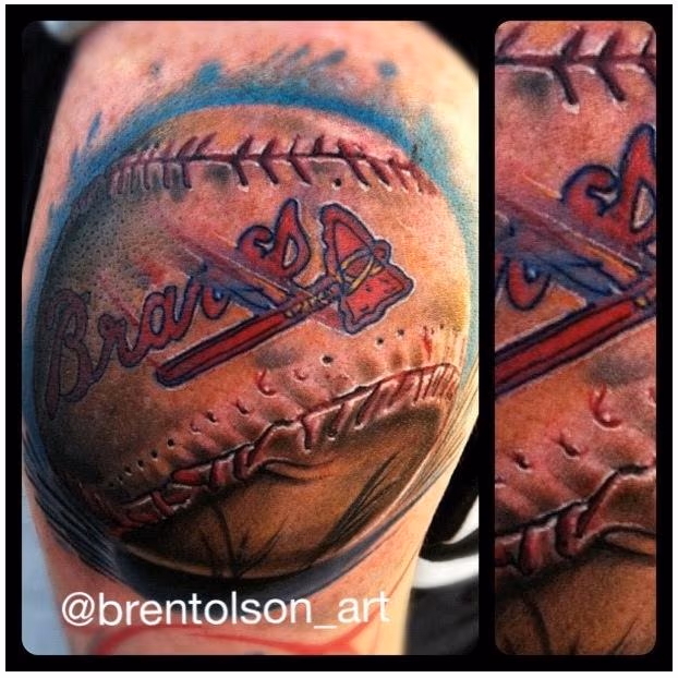 realistic color braves baseball tattoo, Brent Olson Art Junkies Tattoo