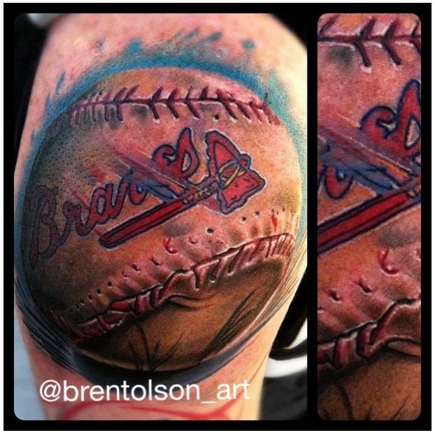 realistic color braves baseball tattoo, Brent Olson Art Junkies Tattoo