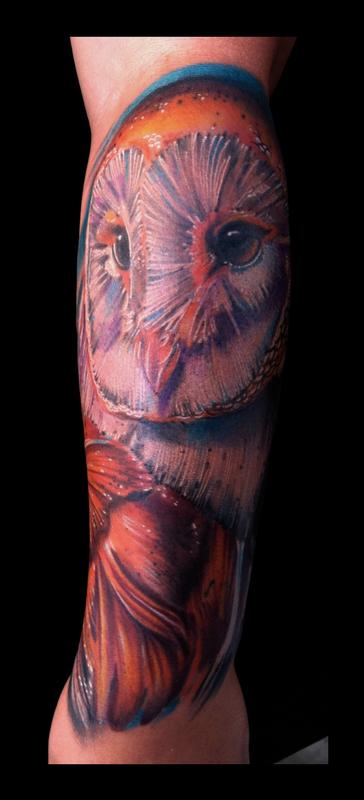 Owl realistic color tattoo Brent Olson Art Junkies Tattoo