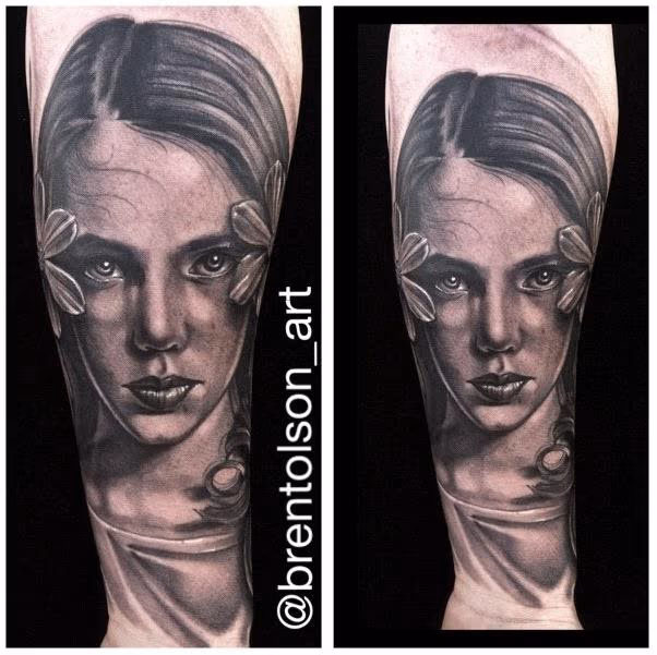 Black and Gray realistic portrait tattoo, Brent Olson Art Junkies tattoo
