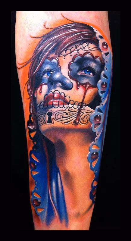 Day of the Dead realistic woman tattoo Brent Olson Art Junkies Tattoo
