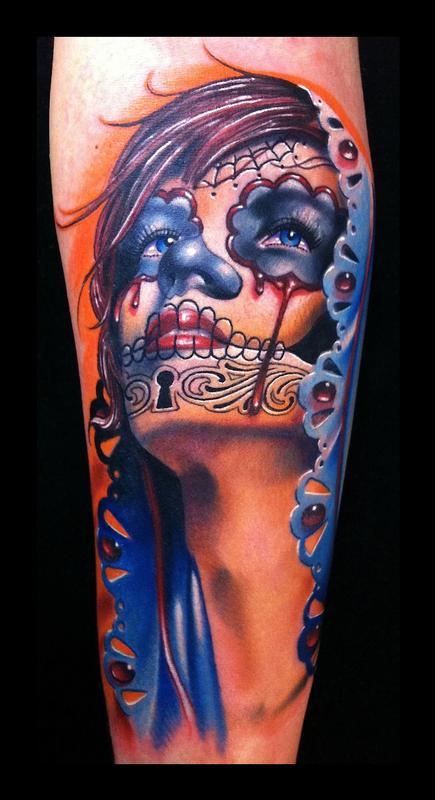 Day of the Dead realistic woman tattoo Brent Olson Art Junkies Tattoo