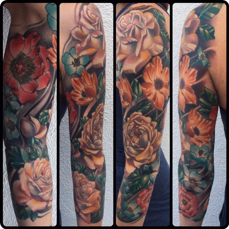 Realistic color flower sleeve tattoo, Brent Olson Art Junkies Tattoo