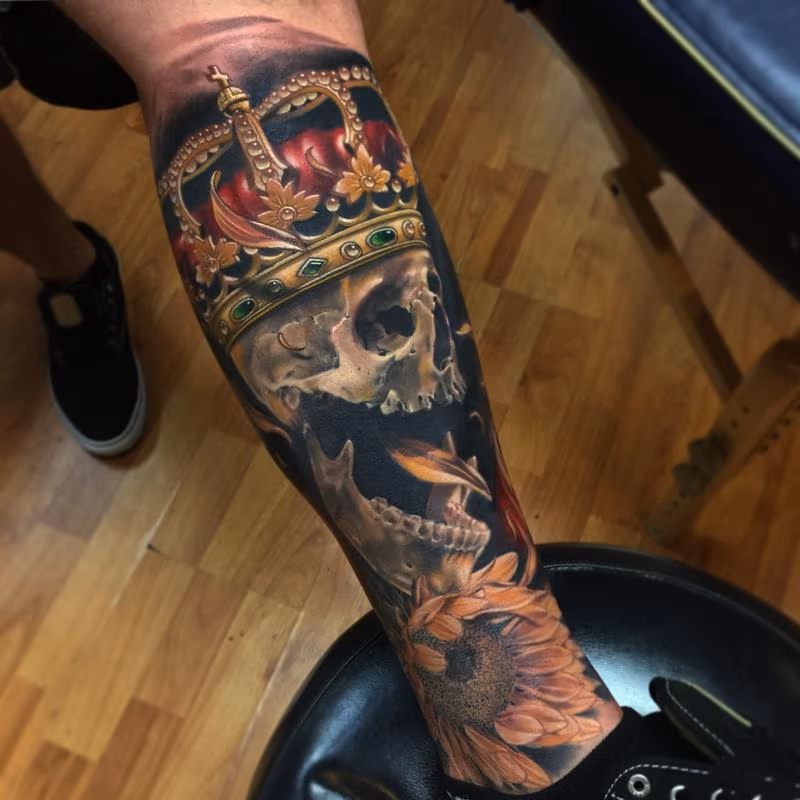 Realistic skull with crown and sunflower tattoo, Brent Olson Art Junkies Tattoo