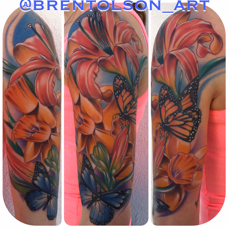 realistic colored flowers with butterfly tattoo, Brent Olson Art Junkies Tattoo