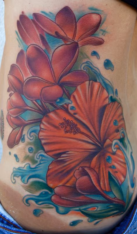 realistic color hibiscus tattoo. Brent Olson. Art Junkies tattoo