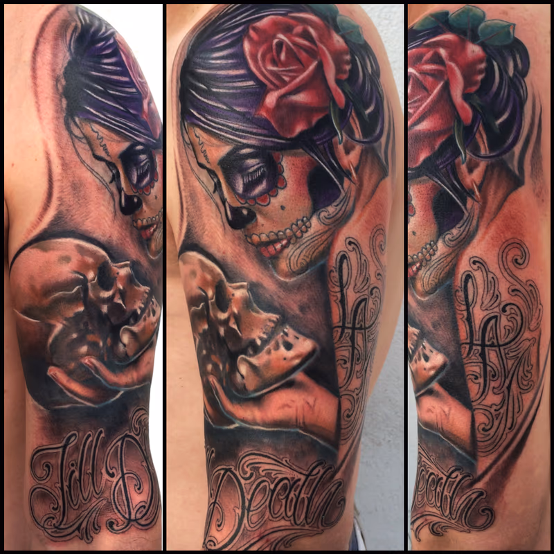 realistic color day of the dead girl with skull tattoo, Brent Olson Art Junkies Tattoo