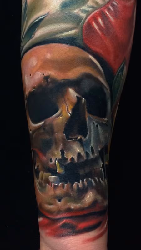 Realistic color skull wth american flag tattoo. Brent Olson Art Junkies Tattoo