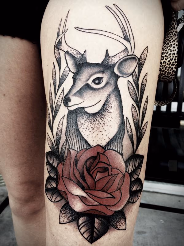 Traditional deer with rose tattoo. Frichard Adams Art Junkies Tattoo