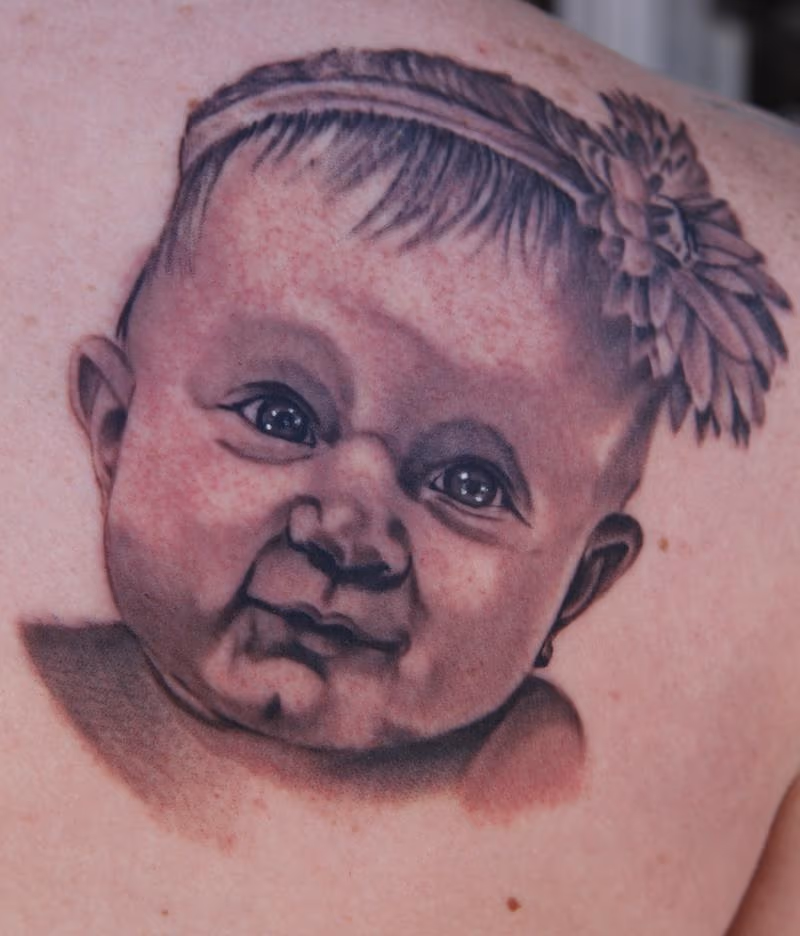 Black and Grey realistic baby portrait tattoo