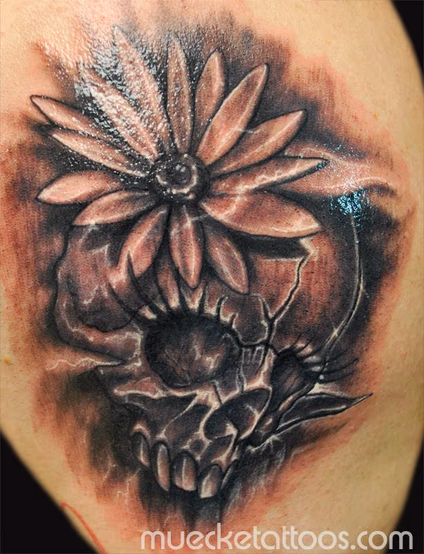 Girl Skull and Flower Tattoo