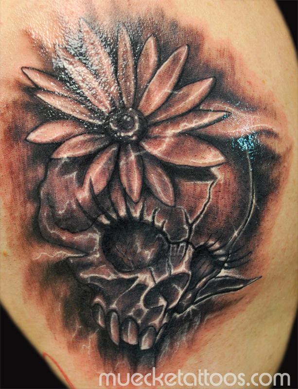 Girl Skull and Flower Tattoo