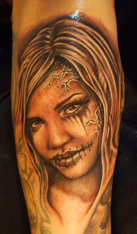 Black and Gray Girl Tattoo