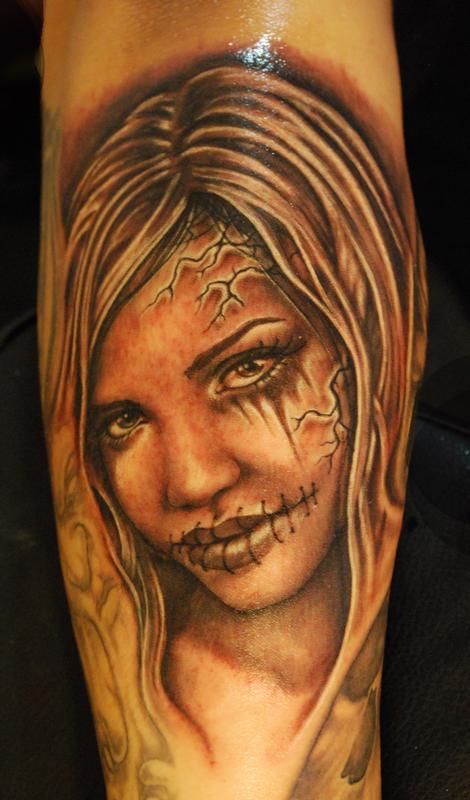 Black and Gray Girl Tattoo