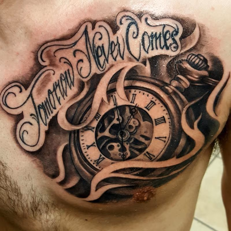 time tattoo clock pocket watch tommorow never comes until the next day