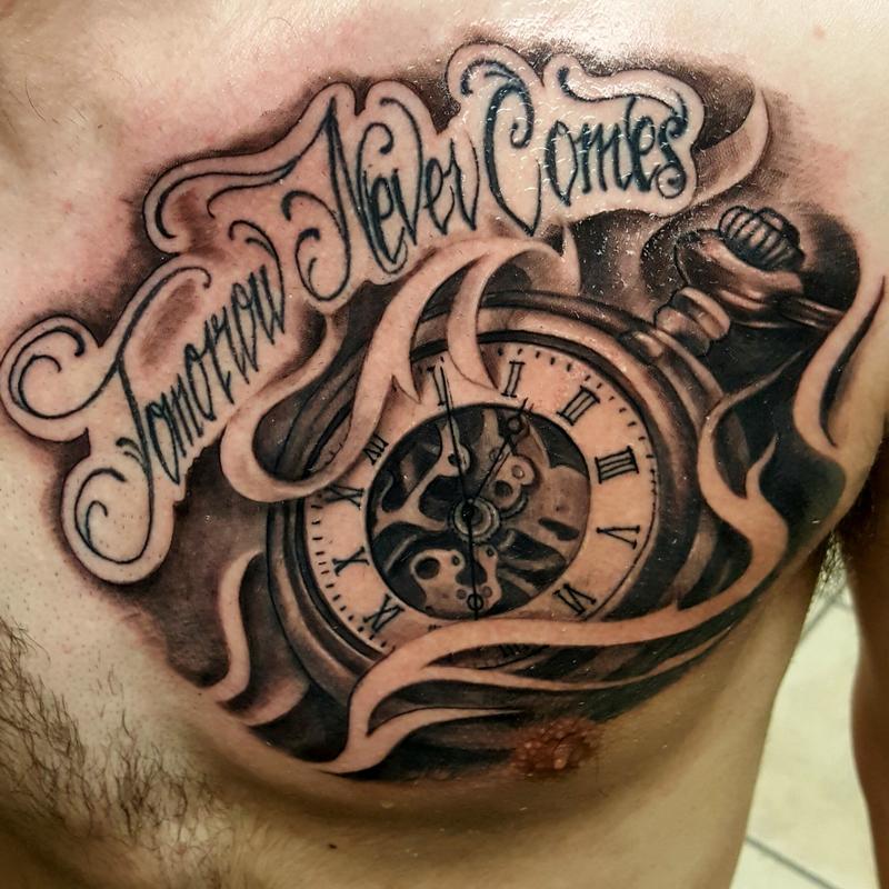 time tattoo clock pocket watch tommorow never comes until the next day