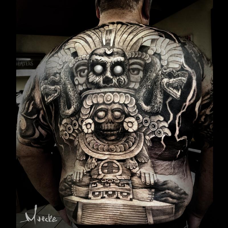 Black and grey tattoos florida aztec god of war and sacrafice backpiece custom art upper torso body suit