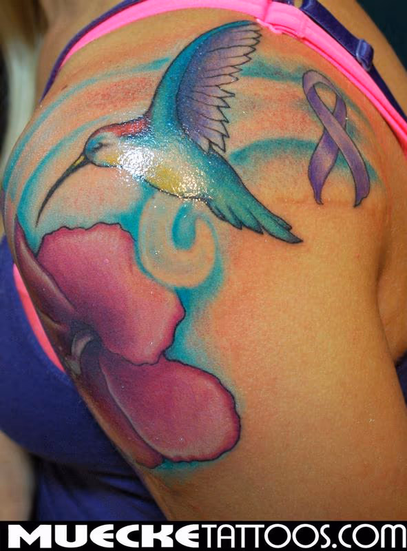 Hummingbird Cancer Ribbon Tattoo