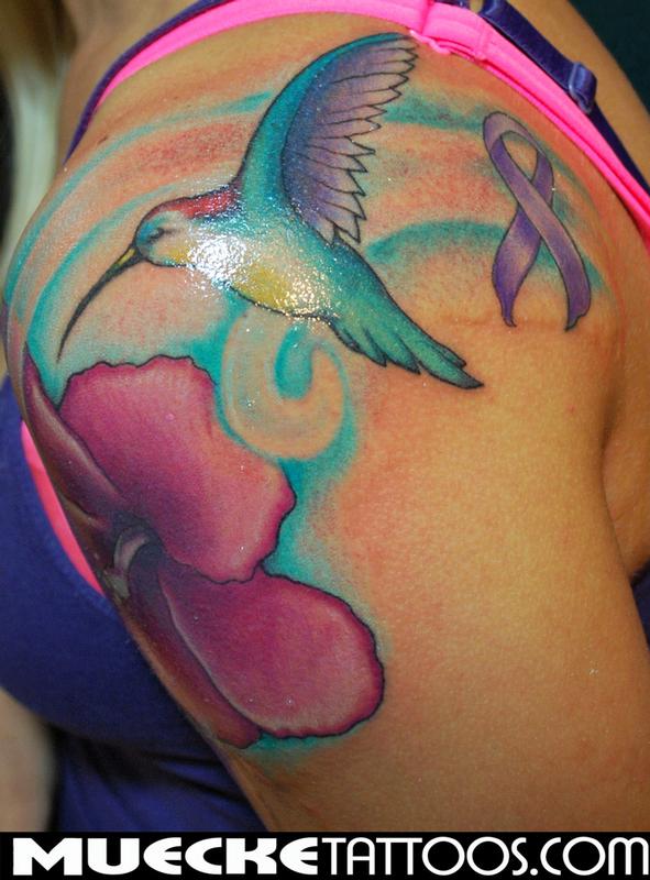 Hummingbird Cancer Ribbon Tattoo