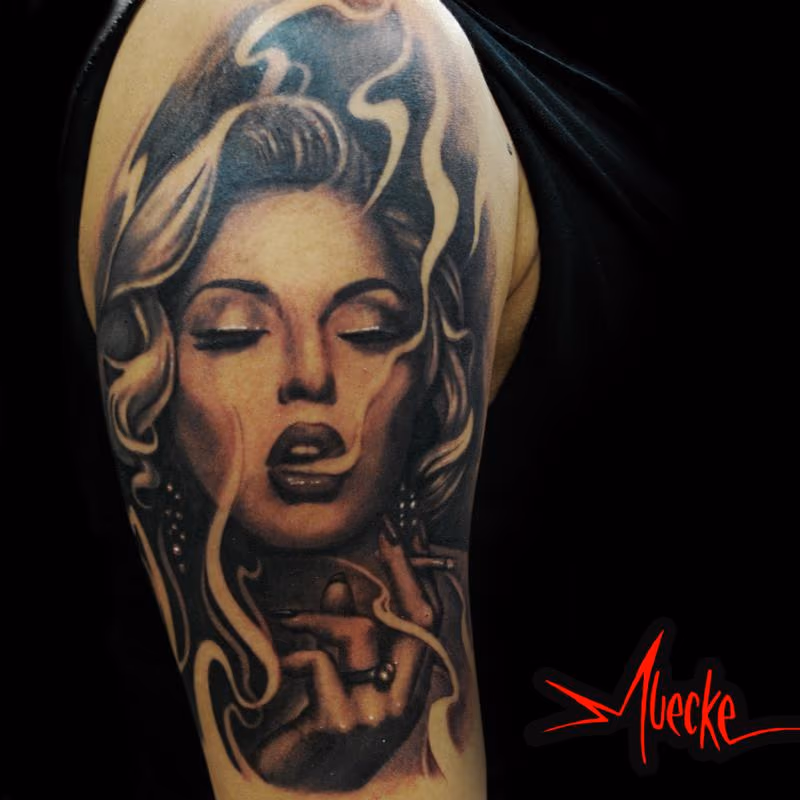 Smoking Girl Portrait Tattoo