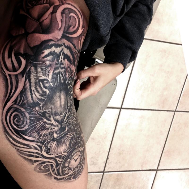 tiger rose pocket watch black and grey female tattoo