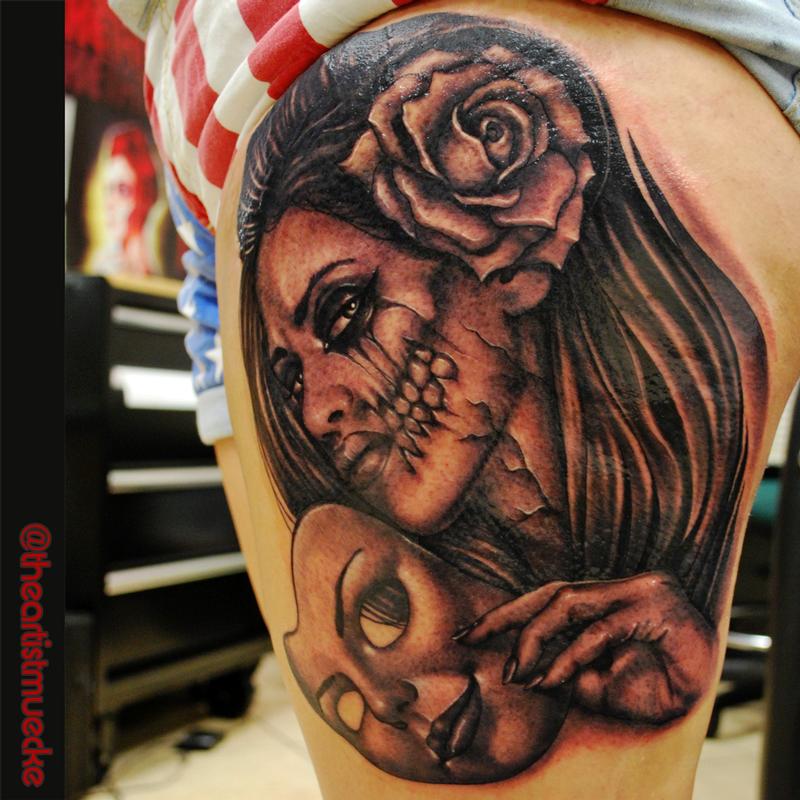 custom leg piece black and grey muecke tattoo