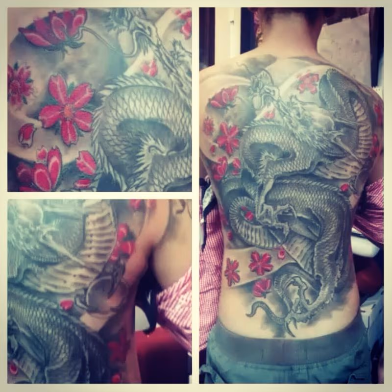 Dragon back piece with red cherry blossoms