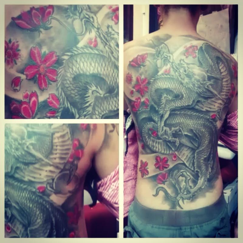 Dragon back piece with red cherry blossoms