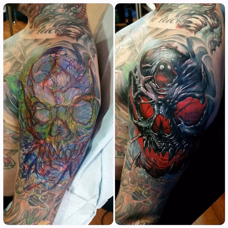 freehand & result skull cover-up with red