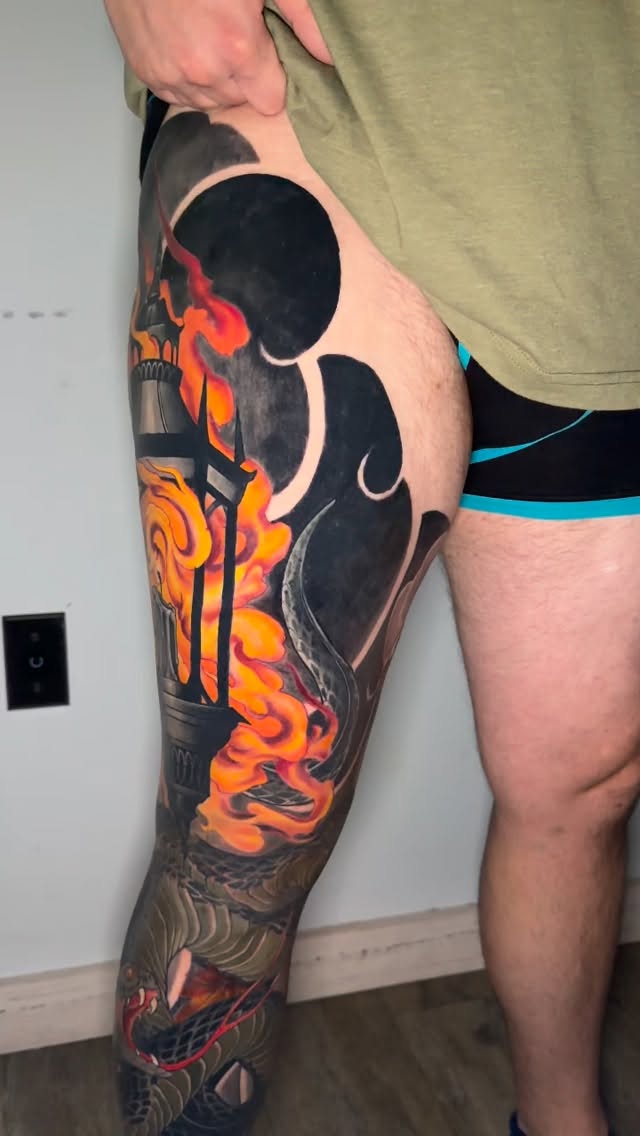 Color Japanese leg sleeve with flames and serpent