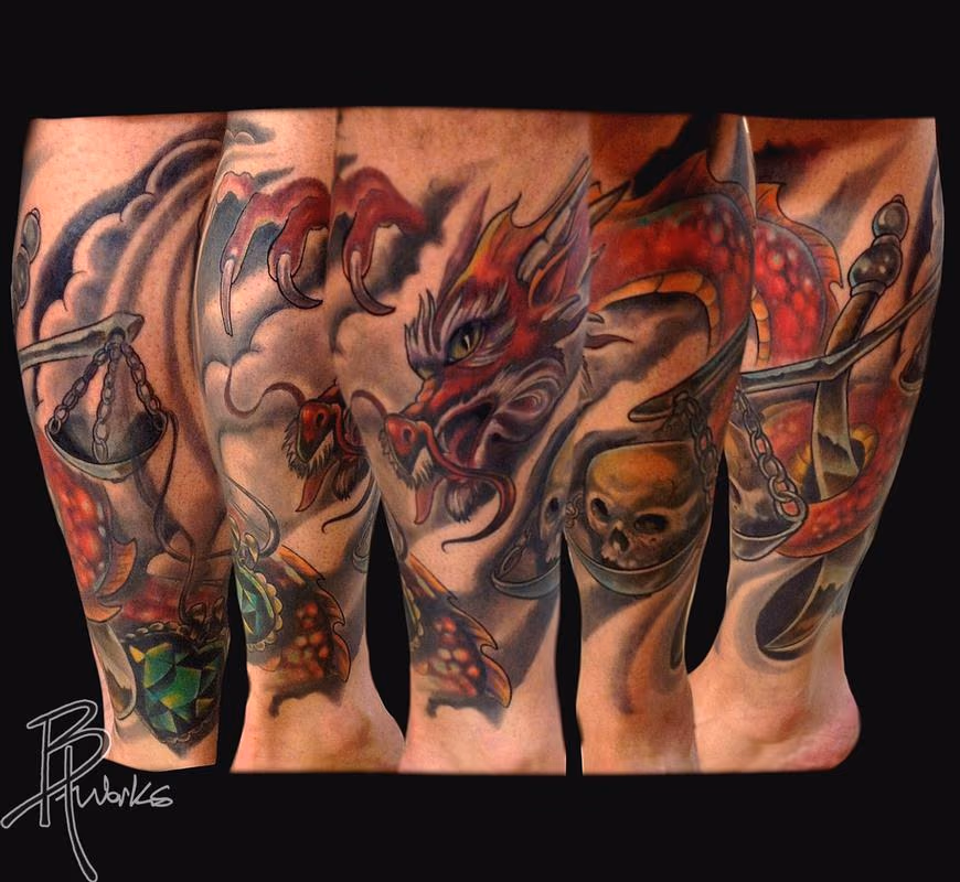Dragon with Skull on Scale - Leg Sleeve