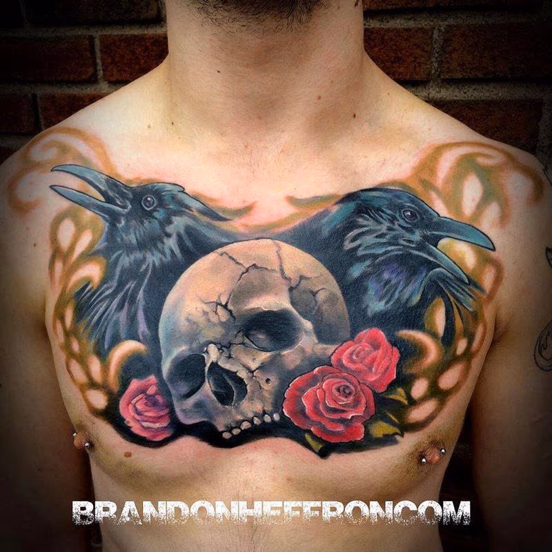 Skull, crow and roses chest piece