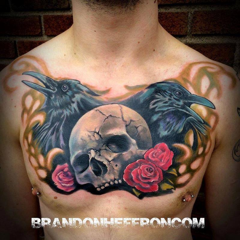 Skull, crow and roses chest piece