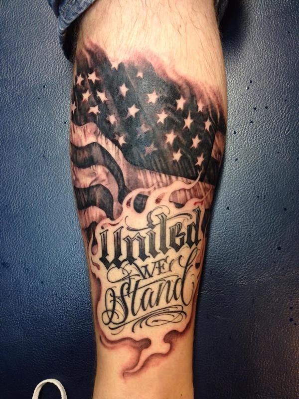 "United We Stand" Script and Flag Tattoo
