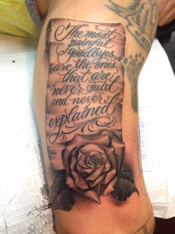 "The most painful goodbyes..." Script and Rose Tattoo