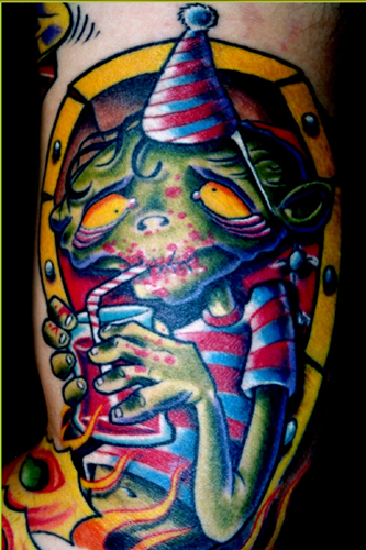 blood drinkin party zombie in a coffin tattoo