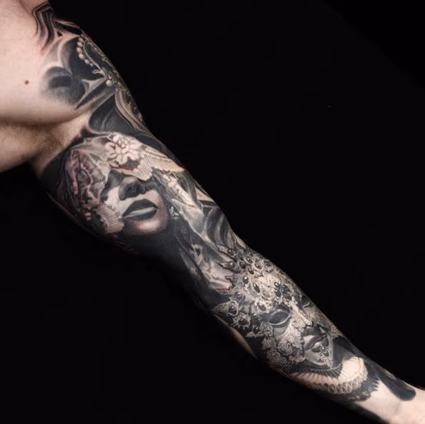 Masks arm sleeve tattoo