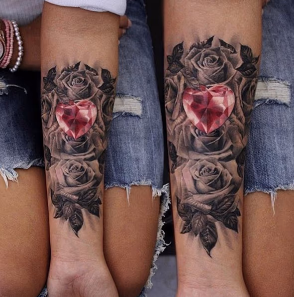 Heart Diamond and Roses Tattoo