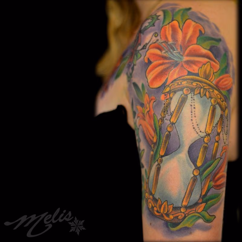 hourglass with lilies