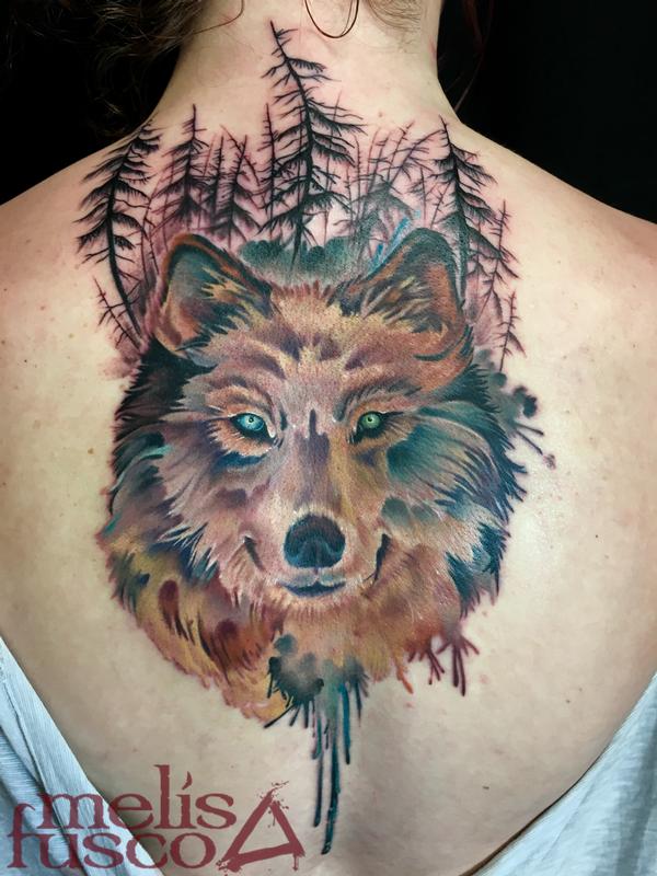 Wolf with gray wash gradient trees