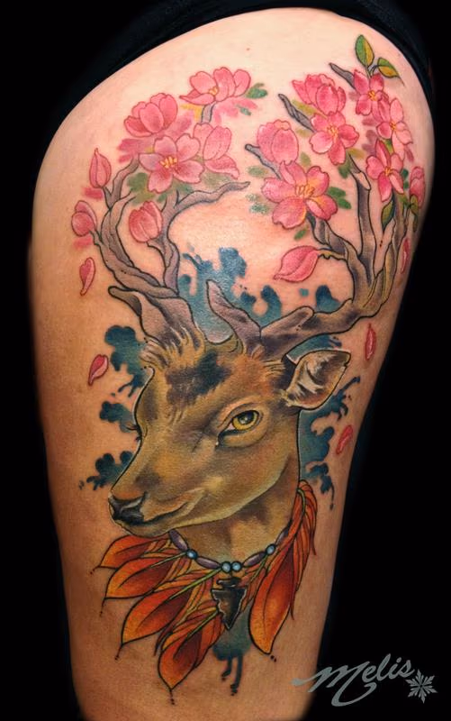 deer head w/ cherry blossom branches