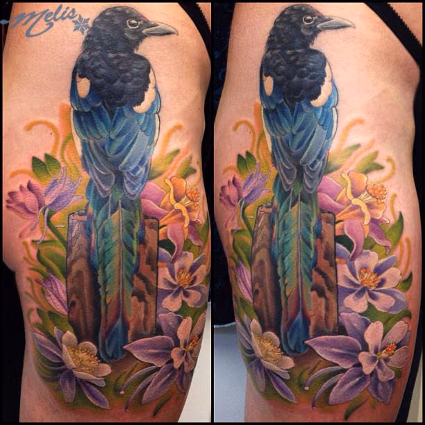 WIP Magpie bird with Columbines