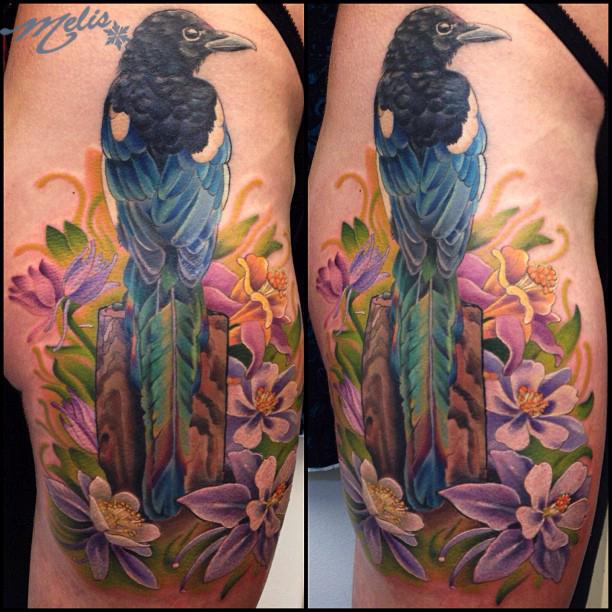 WIP Magpie bird with Columbines