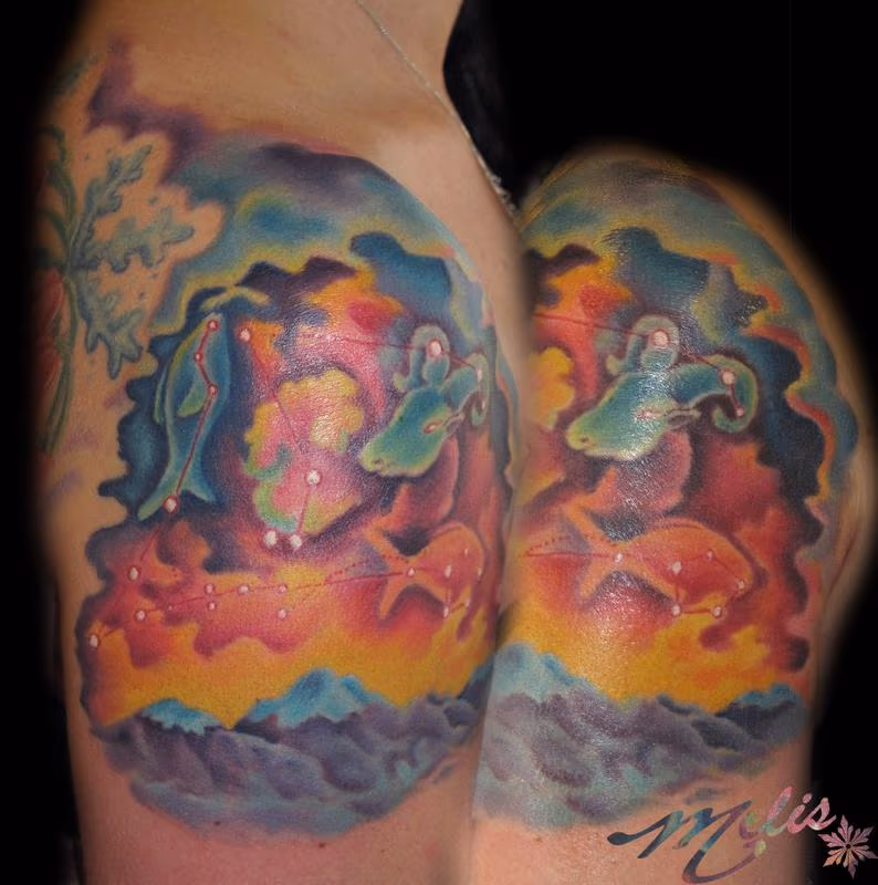 Astrological Nebula Sunset Mountain Scene