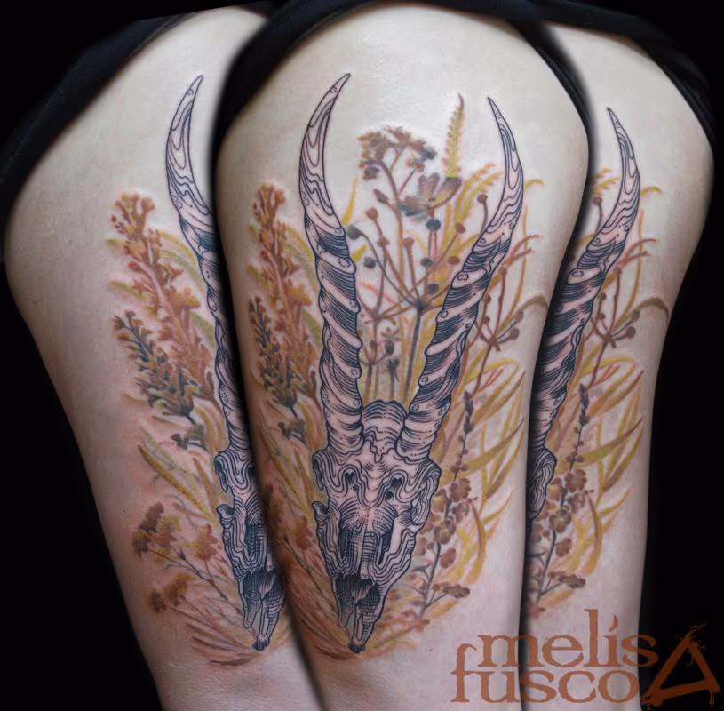 Gazelle Line work, with earth tone wild flowers