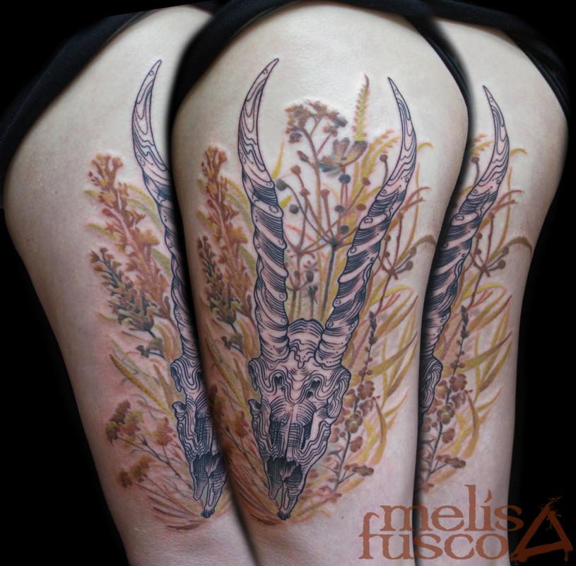 Gazelle Line work, with earth tone wild flowers